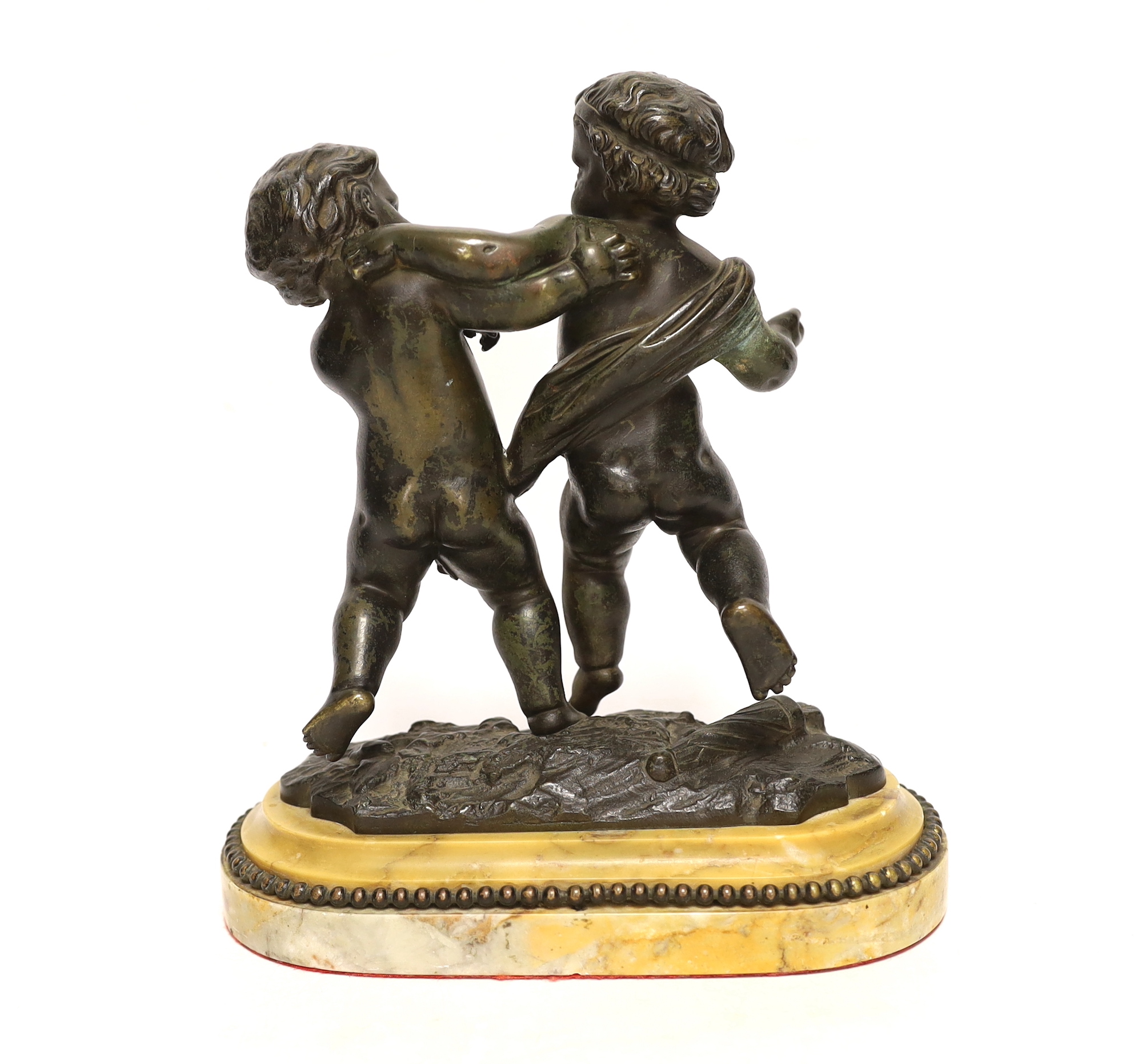 A 19th century French bronze model of two Putti, raised on shaped marble base, 22cm high